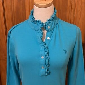 Tracy Negoshian Turquoise Ruffle Neck Polo Size S